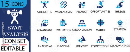Solid Vector SWOT Analysis Icons for Business Strategy Plans.SWOT, analysis, business, strategy, planning, icons, solid, vector and more.Solid icons collection.