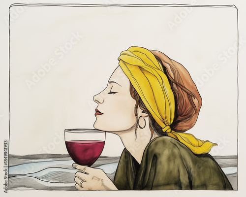 Relaxed single woman with yellow hairband and big glass of wine. Creative style illustration.
