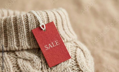 Soft beige knitted wool sweater texture with red sale price tag close up. Cozy winter fashion shopping concept. AI GENERATED