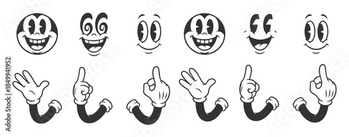 Retro Cartoon Comic Faces Set, Classic Animation Style Smiling Emoticon Kit with Gloves and Arms.