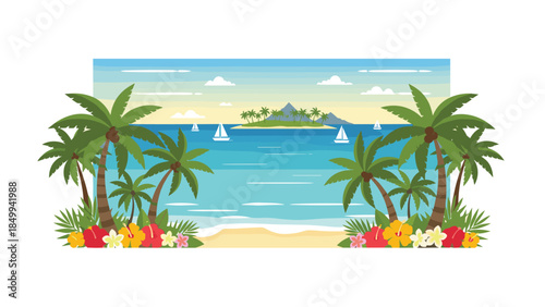 Tropical beach scene with palm trees, turquoise water, and a distant island creates a serene and idyllic vacation atmosphere.