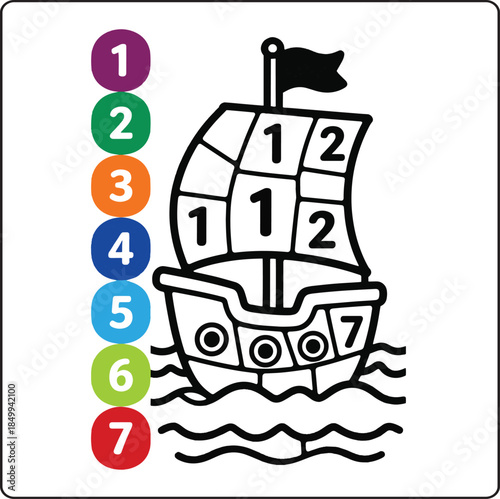 Color by number game activity book for kids, Cute boat educational game for kindergarten children
