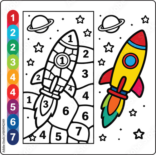 Color by number game activity book for kids, Cute rocket educational game for kindergarten children