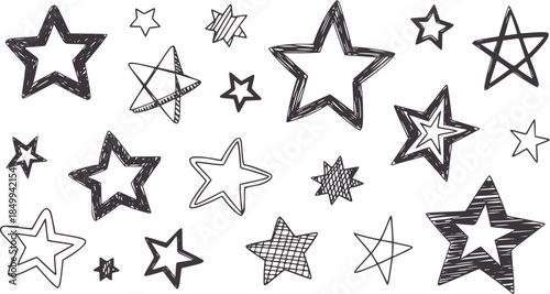 Hand drawn stars collection in various styles and outlines