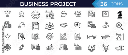 Business project line icon set, for planning, management, startup, marketing, strategy, workflow, finance, analysis, teamwork and success. Editable vector collection