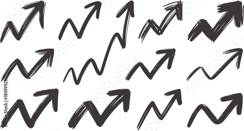 Hand drawn upward trend arrows in black ink white handdrawn