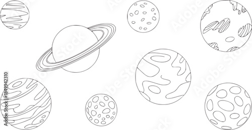 Line of planets and moons in monochrome outline style