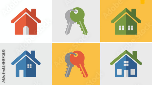 Real estate flat design icons set, modern housing and property keys