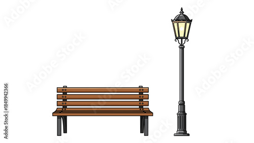 A charming park scene features a wooden bench and a vintage street lamp, creating a peaceful outdoor setting.