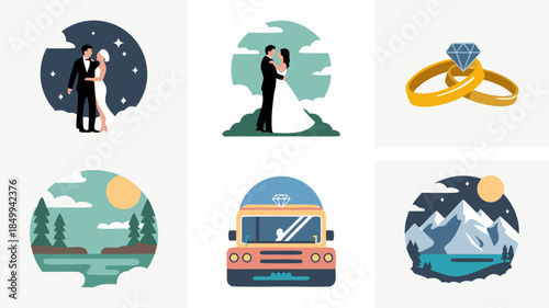 Wedding and travel adventure icons, love and nature concept collection