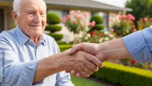 Building trust and secure futures An elderly client finalizes a significant real estate transaction with a firm handshake, symbolizing a successful partnership and agreement