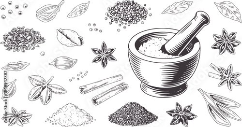 Mortar and pestle with various herbs and spices monochrome