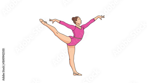 Graceful female gymnast performs a stunning arabesque pose, showcasing flexibility and strength in a vibrant pink leotard.