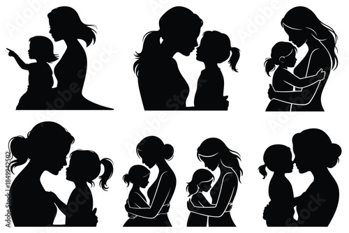 Black silhouettes of mothers and daughters embracing and interacting