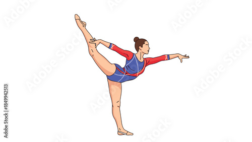 Graceful female gymnast performs a stunning split pose, showcasing flexibility and strength in a vibrant athletic illustration.