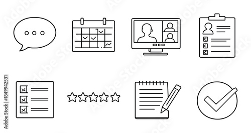 Business icons: checklist, calendar, video conference, goals, ratings, notes, approval mark