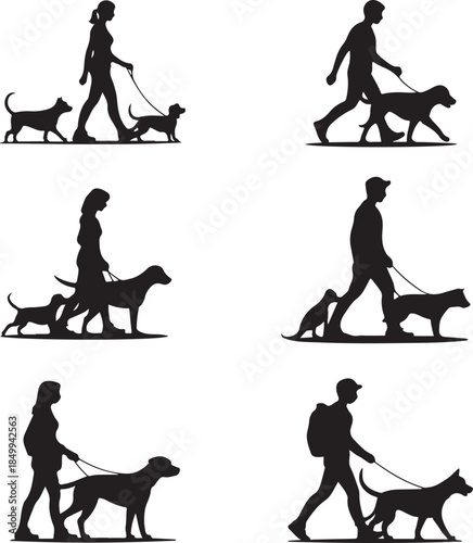 Dog Walking Silhouette Icon Set