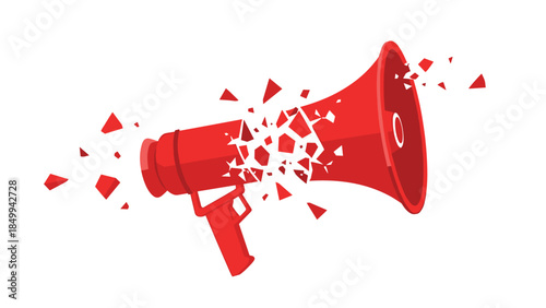 A red megaphone is dramatically shattering into pieces, symbolizing broken communication or a silenced message.