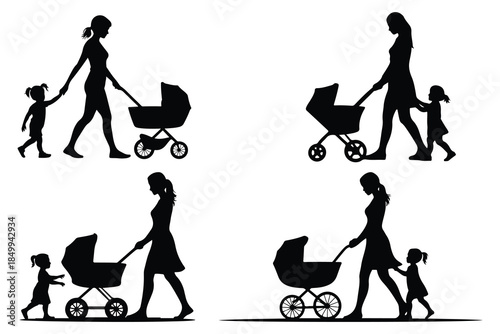 Silhouettes of women pushing strollers with children walking beside them