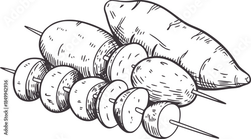 Skewered sweet potato slices sticks black and white line