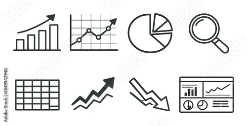 Collection of graph and chart icons on metallic background