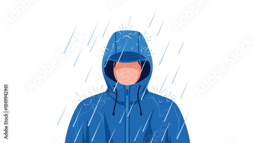 Person wearing a blue hooded raincoat stands in heavy rainfall, facing forward with obscured features, illustrating inclement weather.