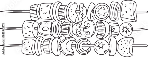 Skewered vegetables and bread slices sticks line