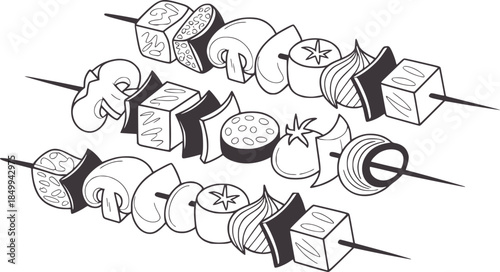 Skewered vegetables and tofu cubes sticks black and white line