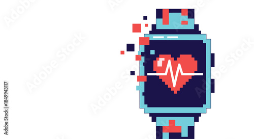 Pixel art smartwatch illustration shows a fitness tracker displaying a red heart rate pulse symbol on a blue digital screen background.