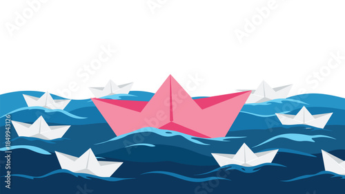 Colorful paper boats navigate a wavy blue sea, with a prominent pink vessel leading the fleet, symbolizing journey and individuality.