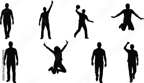 Black male silhouette poses set showing jumping walking cheering gestures isolated on white background for sports fitness lifestyle concepts
