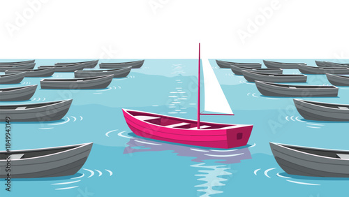 A vibrant pink sailboat confidently navigates through a sea of gray rowboats, symbolizing individuality and standing out from the crowd.