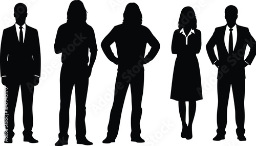 Business people silhouettes standing together representing professional teamwork, corporate diversity, leadership, management, and office staff concepts isolated on white