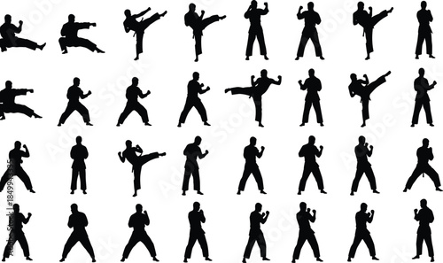 Martial arts fighter silhouette pose collection showing karate taekwondo kick and punch movements isolated on white background