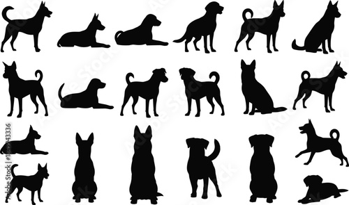 Set of black dog silhouettes in various poses, sitting, standing and lying, isolated vector animal shapes for design projects