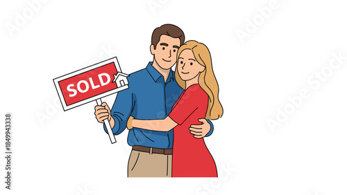 Happy couple celebrates their new home purchase with a sold sign, embracing the joy of homeownership and a bright future together.
