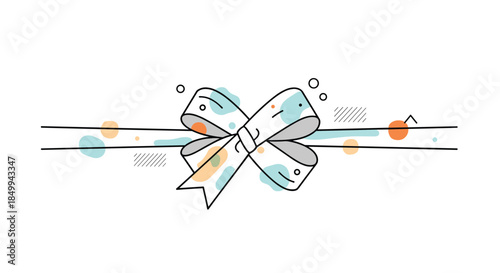 Festive ribbon bow design features a white bow with colorful orange and blue dots on a horizontal band for birthday and gift themes.