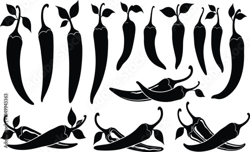 Set of chili pepper silhouettes in various shapes and arrangements, isolated black spicy vegetable icons for food, cooking and packaging design