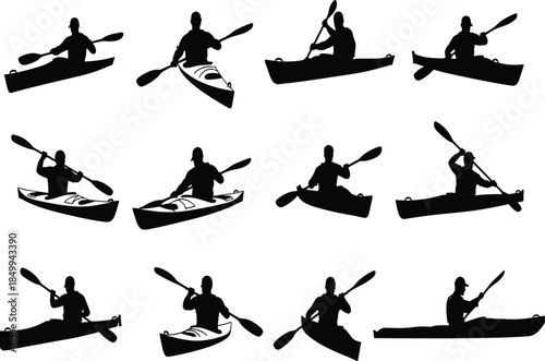 Set of kayaking and canoeing silhouettes with paddlers in different poses, isolated water sport vector icons for outdoor adventure design