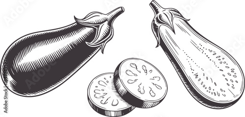 Two whole eggplants and sliced eggplant cross sections line