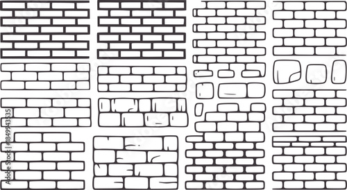 Various brick wall patterns in black and white line