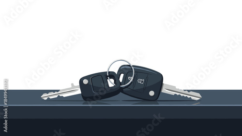Modern car keys with keychains are lying on a dark surface, representing vehicle access and security in a minimalist style.