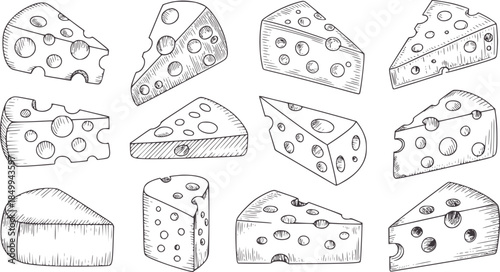 Various Swiss cheese wedges and blocks hand drawn line