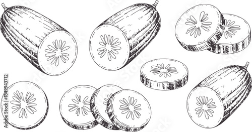 Whole and sliced cucumbers in black and white line