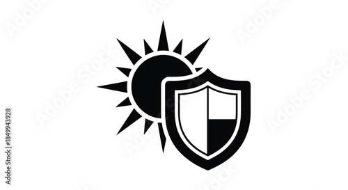 Sun protection and ultraviolet radiation safety concept icon showing a shield in front of a bright sun with sharp rays.