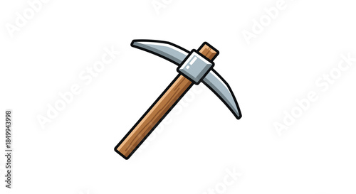 Mining pickaxe tool with a metal head and wooden handle depicted in a simple and clean cartoon style for various projects.