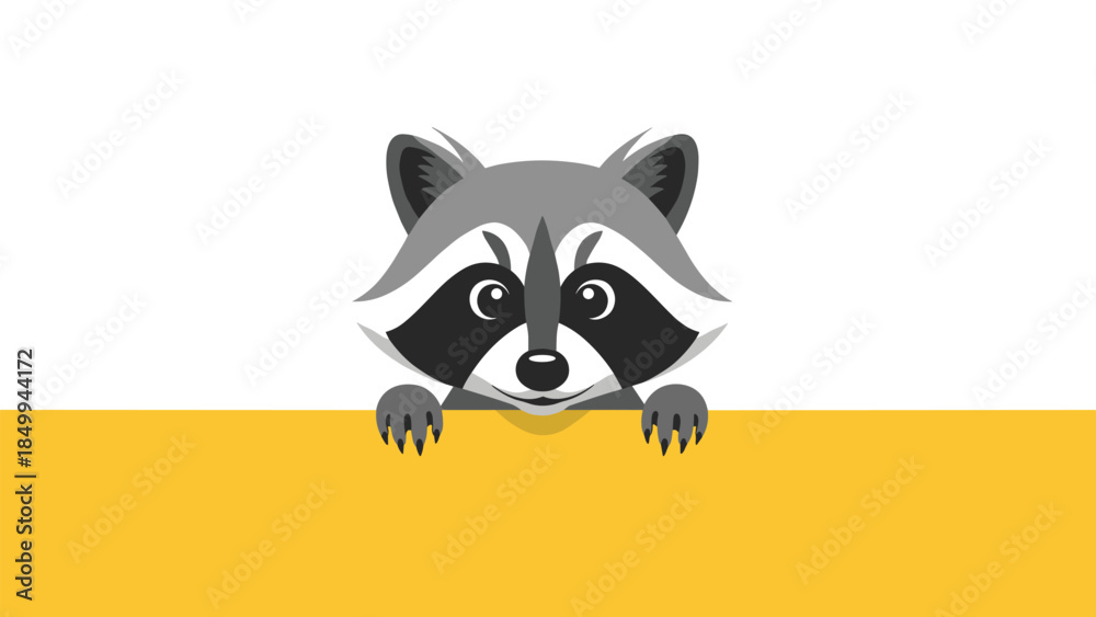 Fototapeta premium Playful raccoon peeks over a yellow ledge with curious eyes and a mischievous expression, creating a charming scene.