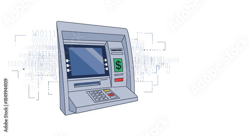 Automated teller machine or atm for banking services with binary code background representing digital financial transactions.