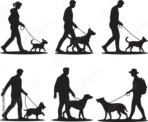 Dog Walking Silhouette Icon Set