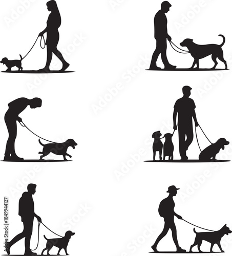 Dog Walking Silhouette Icon Set